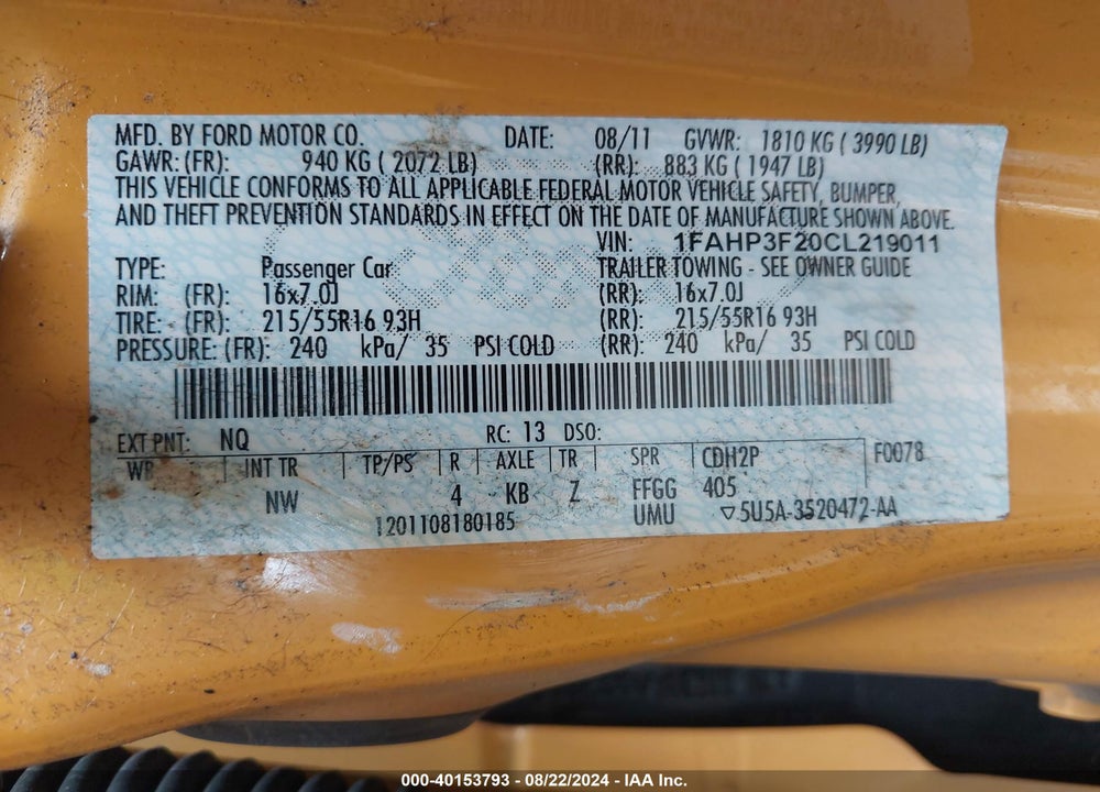 2012 FORD FOCUS VIN: 1FAHP3F20CL219011