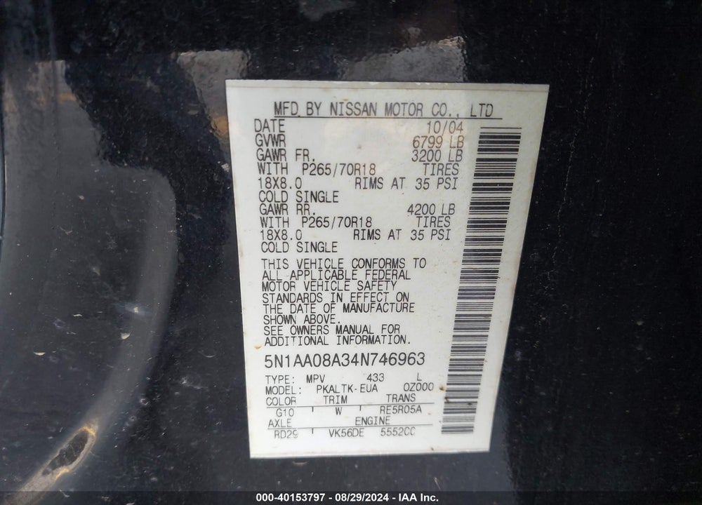 2004 NISSAN PATHFINDER ARMADA SE VIN: 5N1AA08A34N746963