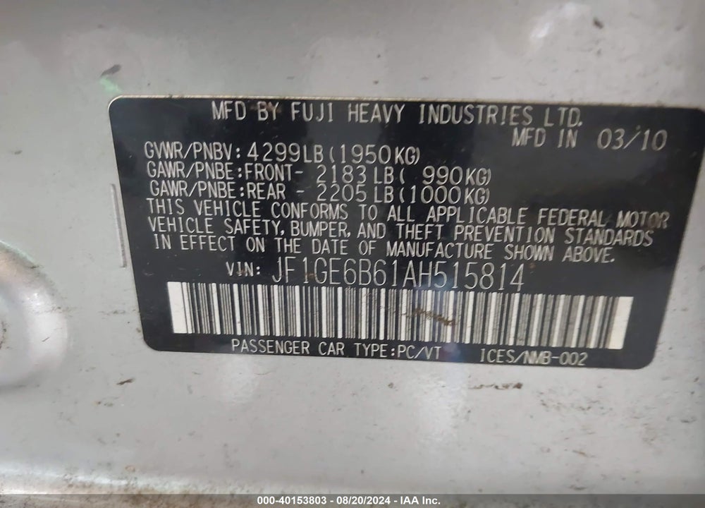 2010 SUBARU IMPREZA 2.5I PREMIUM VIN: JF1GE6B61AH515814