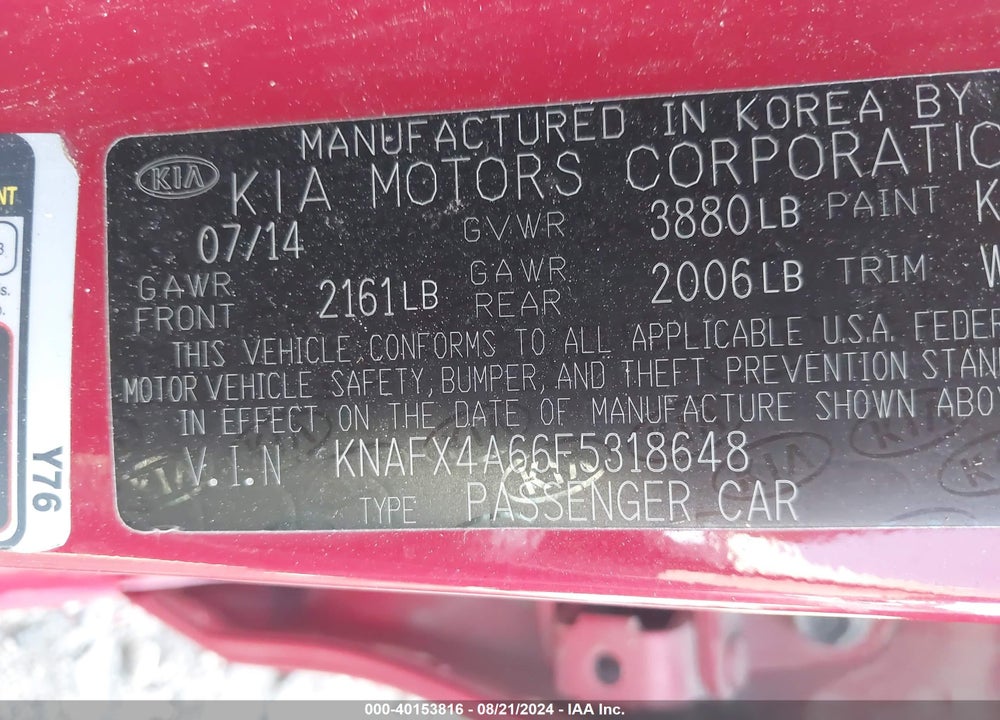2015 KIA FORTE LX VIN: KNAFX4A66F5318648