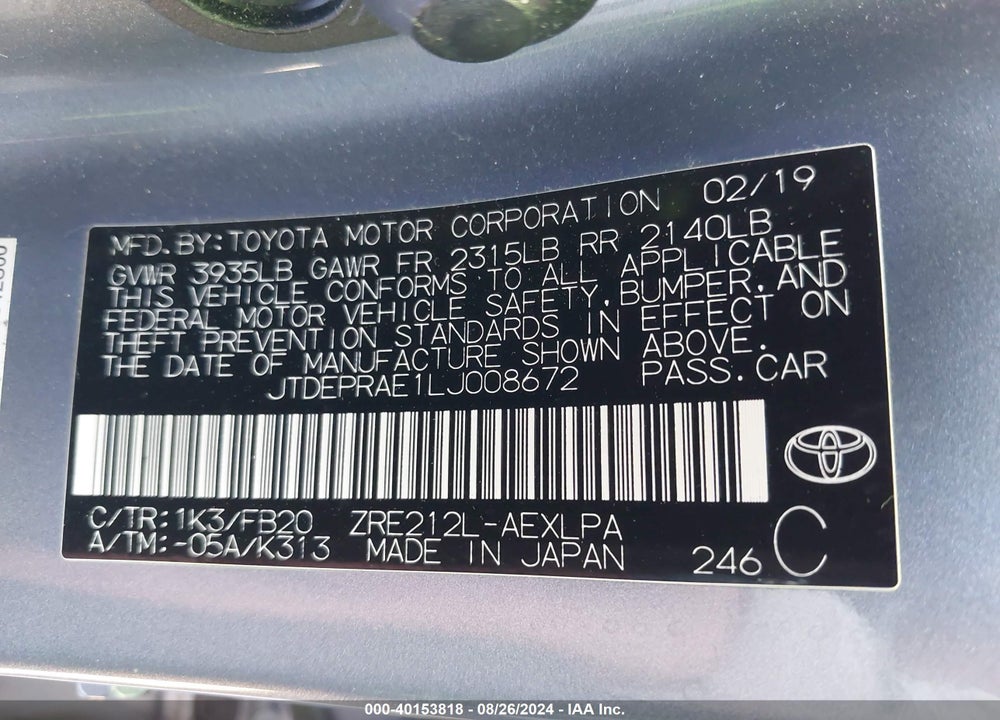 2020 TOYOTA COROLLA VIN: JTDEPRAE1LJ008672
