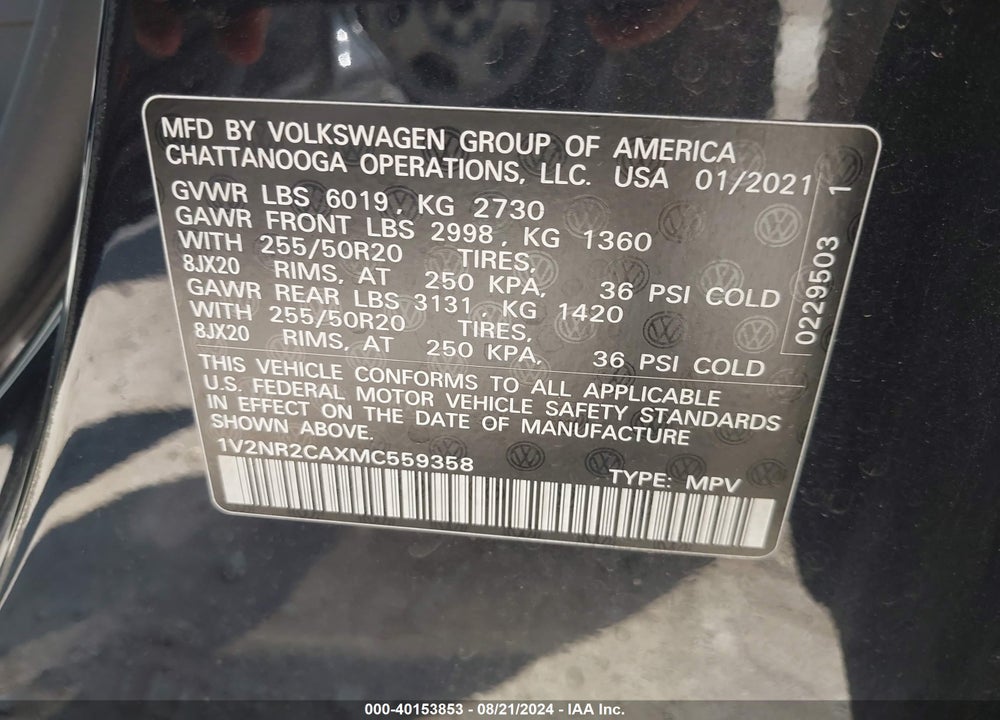 2021 VOLKSWAGEN ATLAS 3.6L V6 SE W/TECHNOLOGY R-LINE VIN: 1V2NR2CAXMC559358