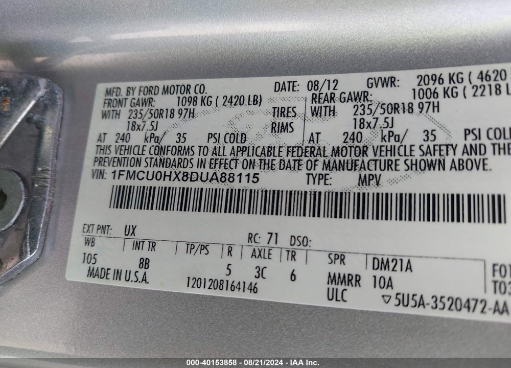 2013 FORD ESCAPE SEL VIN: 1FMCU0HX8DUA88115
