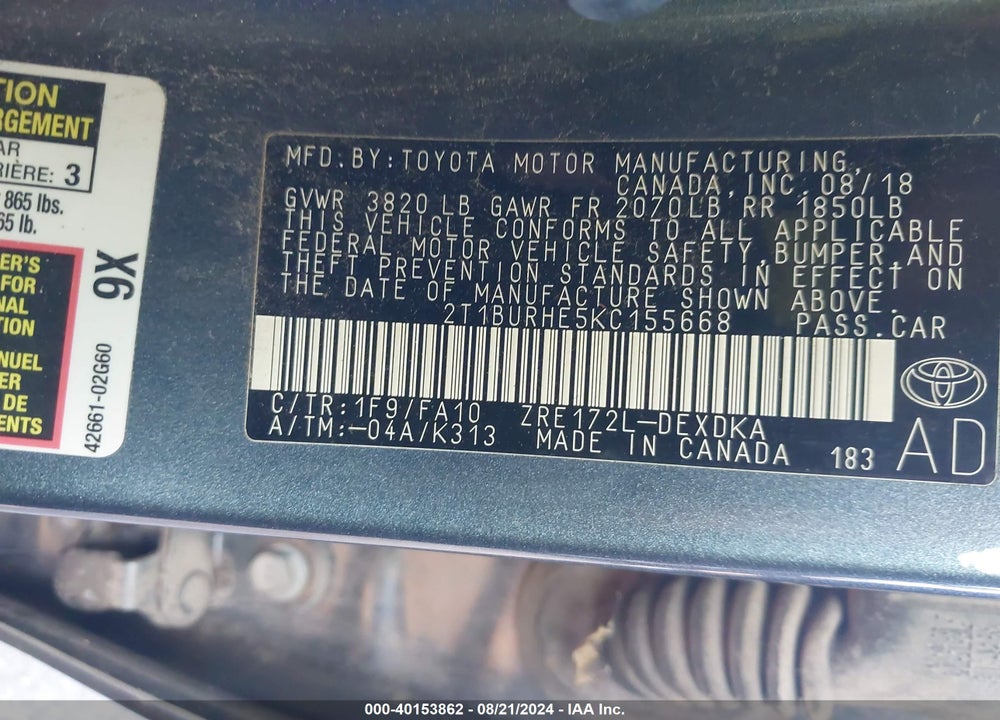 2019 TOYOTA COROLLA L VIN: 2T1BURHE5KC155668