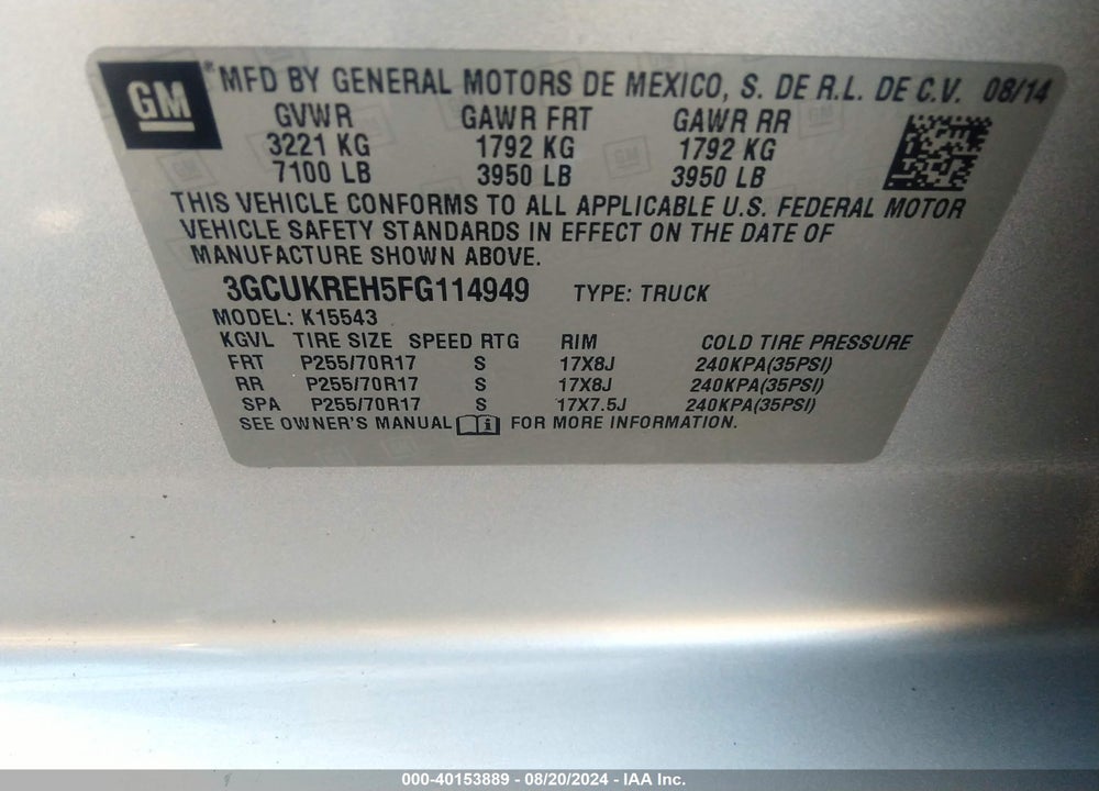 2015 CHEVROLET SILVERADO 1500 1LT VIN: 3GCUKREH5FG114949