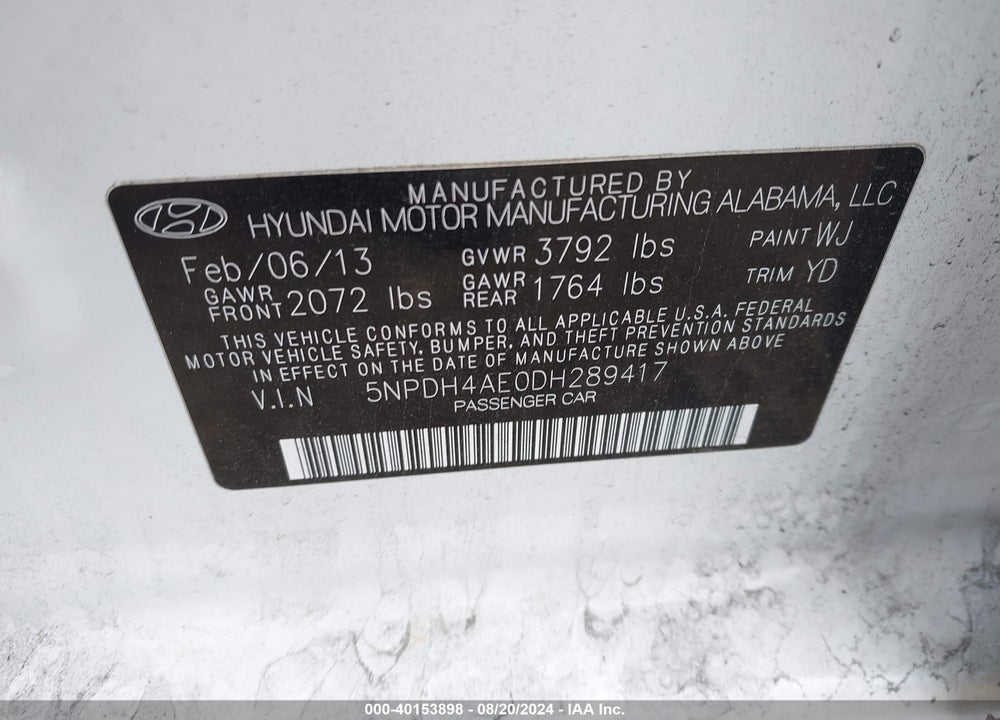 2013 HYUNDAI ELANTRA GLS VIN: 5NPDH4AE0DH289417