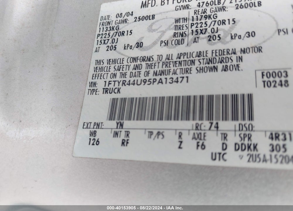 2005 FORD RANGER EDGE/STX/XLT VIN: 1FTYR44U95PA13471