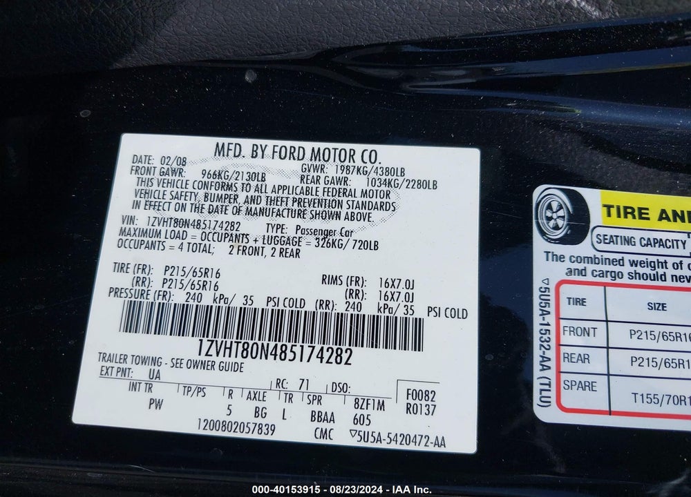 2008 FORD MUSTANG V6 DELUXE/V6 PREMIUM VIN: 1ZVHT80N485174282