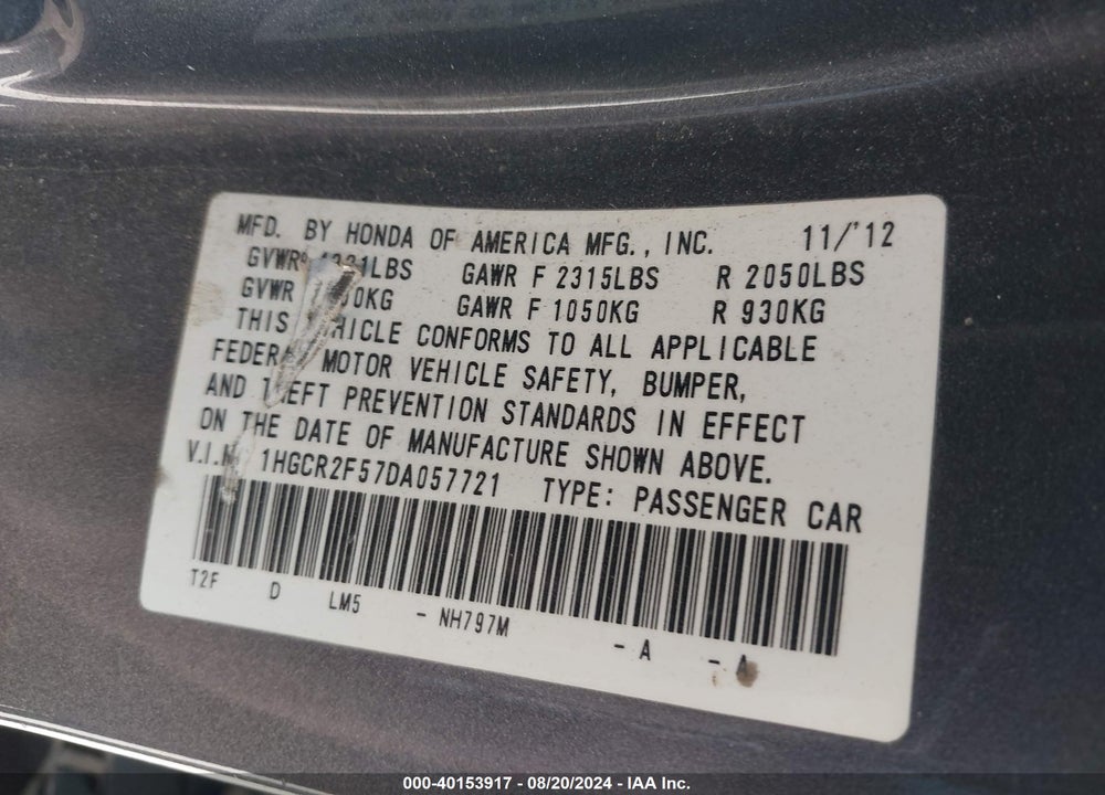 2013 HONDA ACCORD SPORT VIN: 1HGCR2F57DA057721