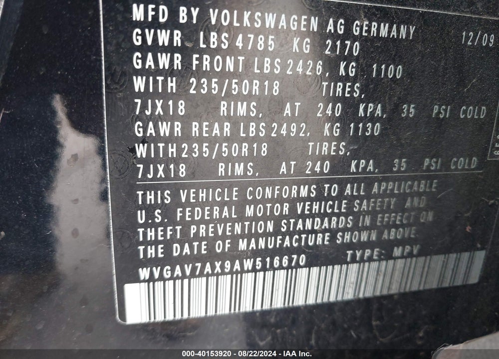 2010 VOLKSWAGEN TIGUAN WOLFSBURG EDITION VIN: WVGAV7AX9AW516670