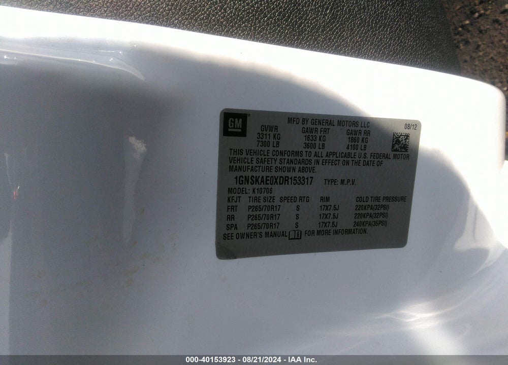 2013 CHEVROLET TAHOE LS VIN: 1GNSKAE0XDR153317