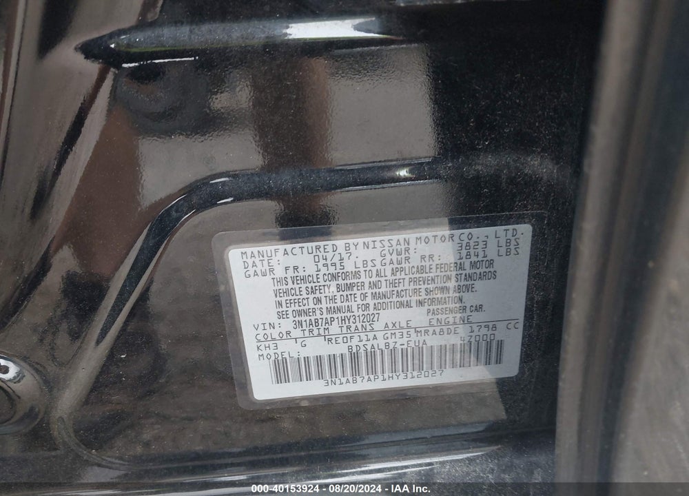 2017 NISSAN SENTRA S VIN: 3N1AB7AP1HY312027