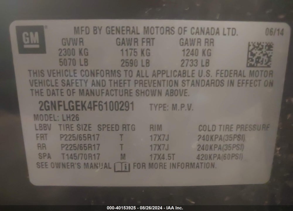 2015 CHEVROLET EQUINOX 2LT VIN: 2GNFLGEK4F6100291