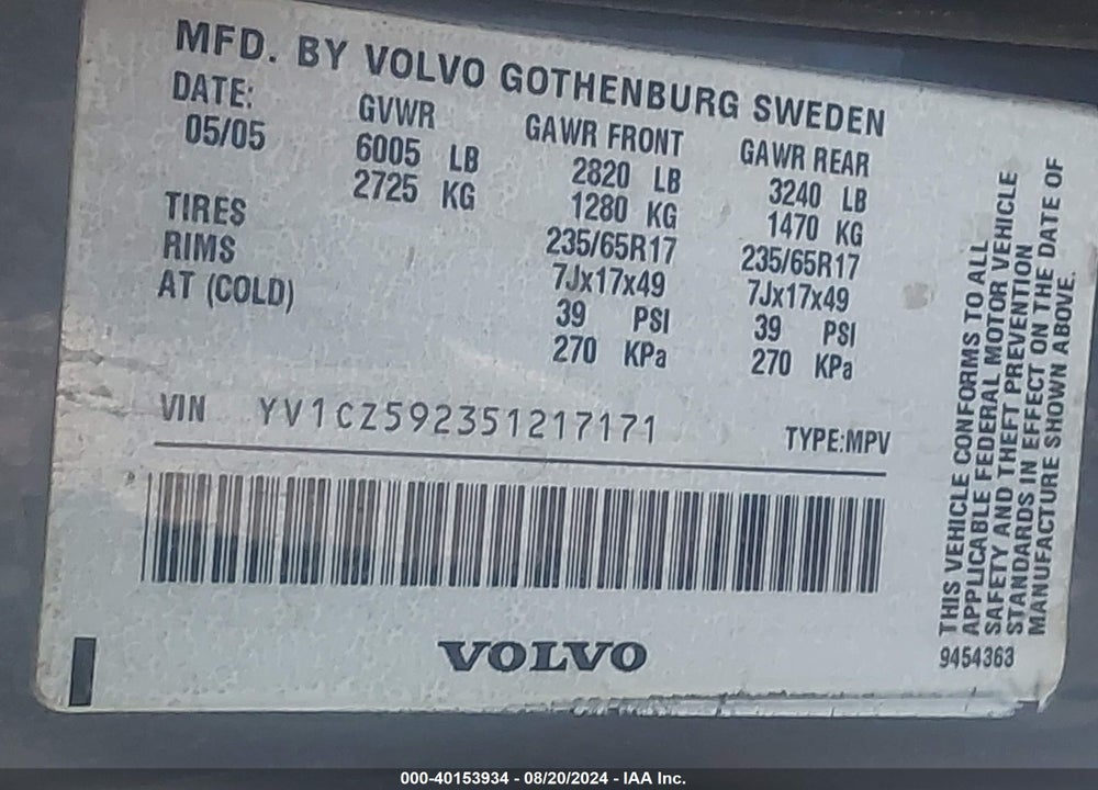 2005 VOLVO XC90 2.5T AWD VIN: YV1CZ592351217171