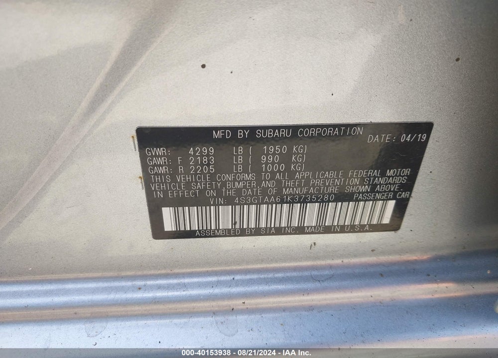 2019 SUBARU IMPREZA VIN: 4S3GTAA61K3735280