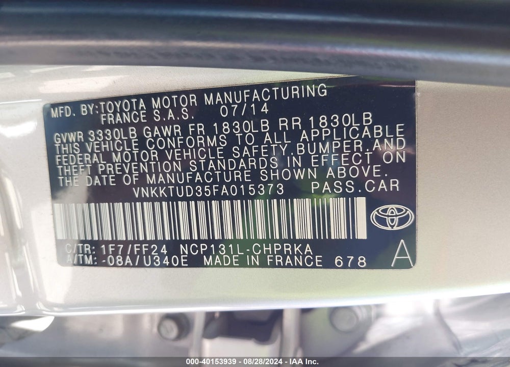 2015 TOYOTA YARIS SE VIN: VNKKTUD35FA015373