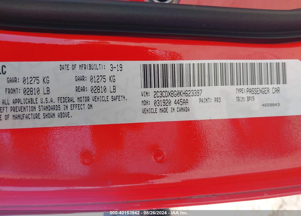 2019 DODGE CHARGER SXT RWD VIN: 2C3CDXBG0KH623397