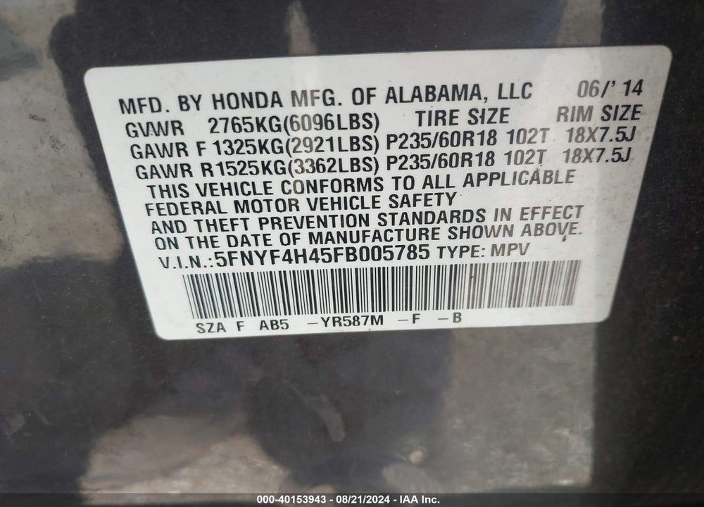 2015 HONDA PILOT EX VIN: 5FNYF4H45FB005785