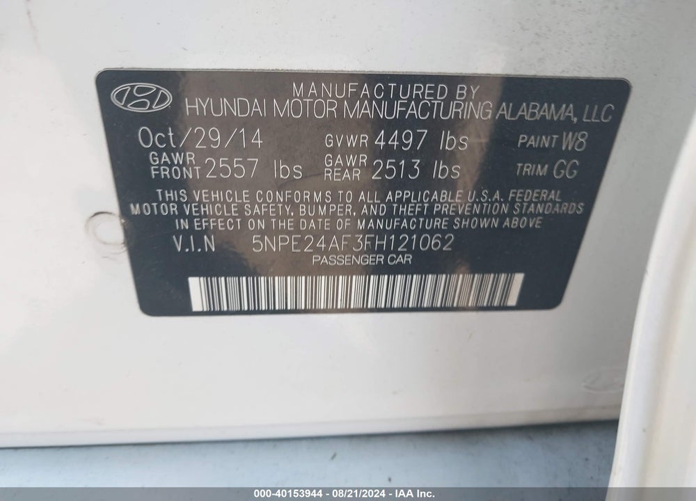 2015 HYUNDAI SONATA SE VIN: 5NPE24AF3FH121062