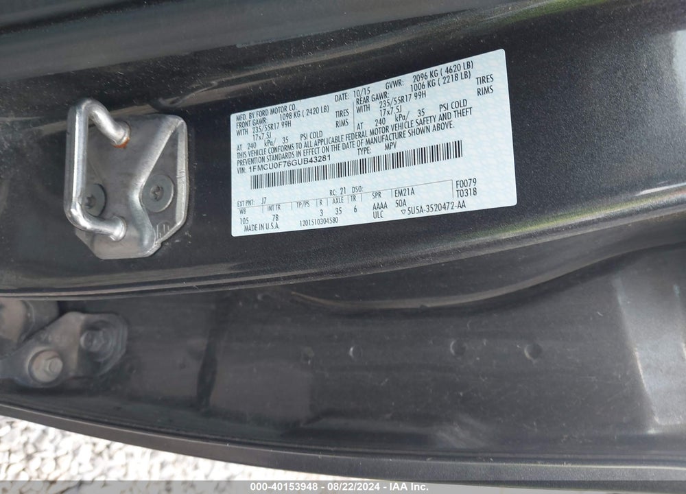 2016 FORD ESCAPE S VIN: 1FMCU0F76GUB43281