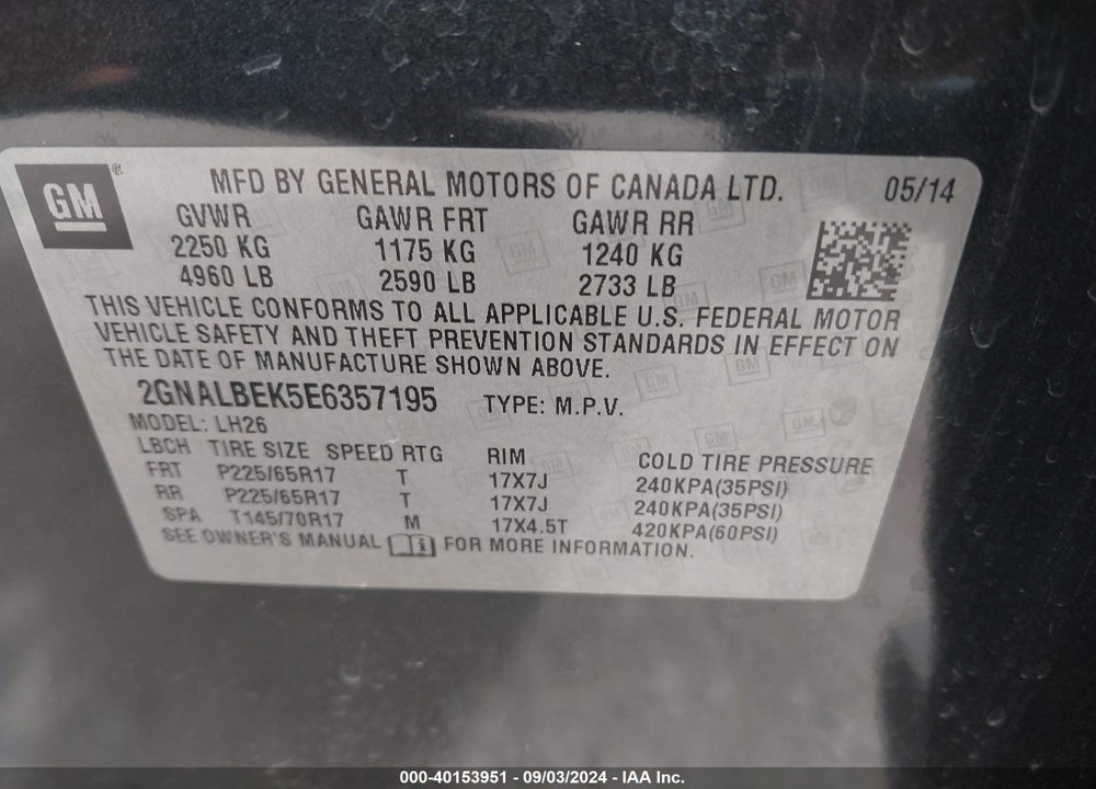 2014 CHEVROLET EQUINOX 1LT VIN: 2GNALBEK5E6357195