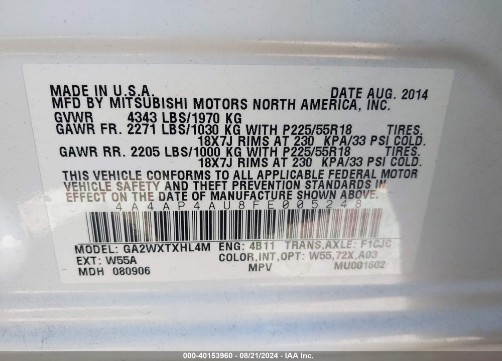 2015 MITSUBISHI OUTLANDER SPORT SE VIN: 4A4AP4AU8FE005248