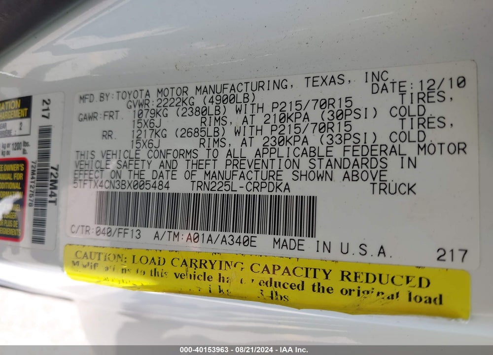 2011 TOYOTA TACOMA VIN: 5TFTX4CN3BX005484