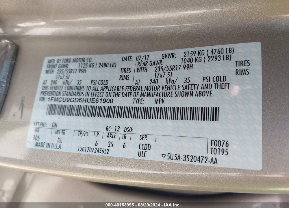 2017 FORD ESCAPE SE VIN: 1FMCU9GD6HUE61900