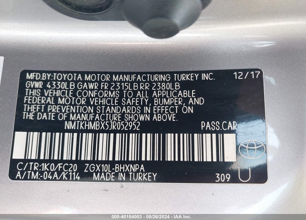 2018 TOYOTA C-HR XLE VIN: NMTKHMBX5JR052952