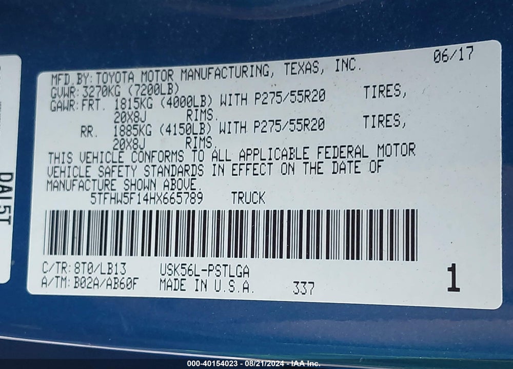 2017 TOYOTA TUNDRA LIMITED 5.7L V8 VIN: 5TFHW5F14HX665789