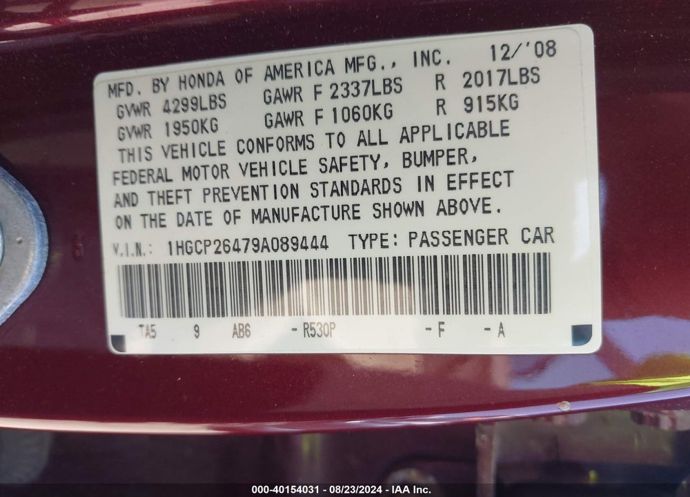 2009 HONDA ACCORD 2.4 LX-P VIN: 1HGCP26479A089444