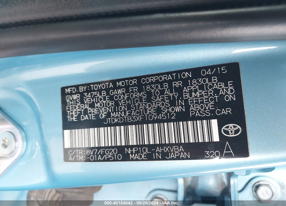 2015 TOYOTA PRIUS C TWO VIN: JTDKDTB3XF1094512