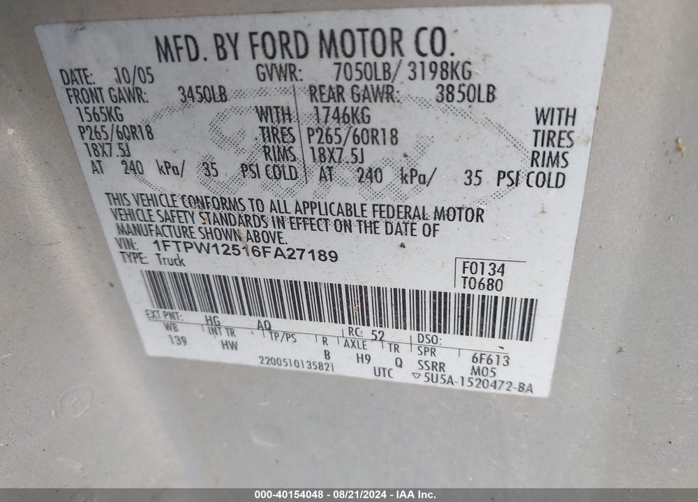2006 FORD F-150 LARIAT/XLT VIN: 1FTPW12516FA27189