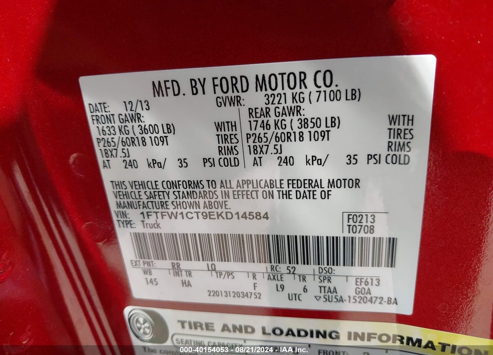 2014 FORD F-150 LARIAT VIN: 1FTFW1CT9EKD14584