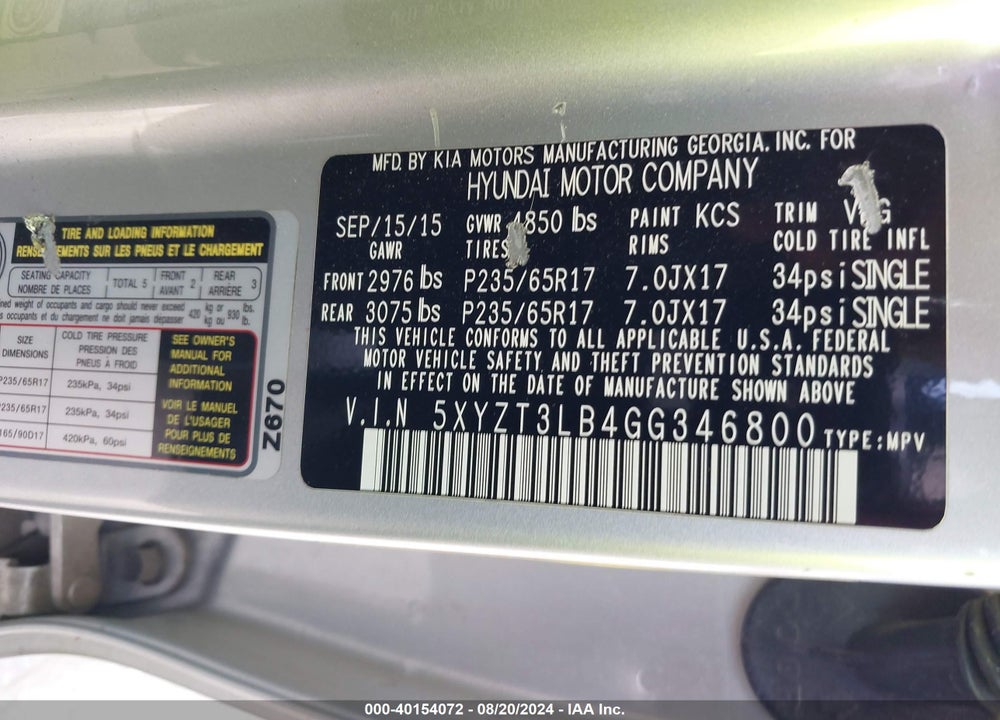 2016 HYUNDAI SANTA FE SPORT 2.4L VIN: 5XYZT3LB4GG346800