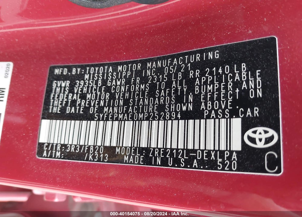 2021 TOYOTA COROLLA LE VIN: 5YFEPMAE0MP252894