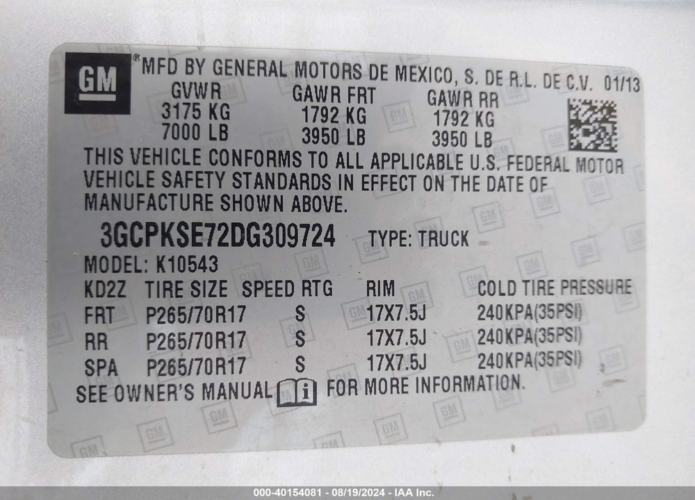 2013 CHEVROLET SILVERADO 1500 LT VIN: 3GCPKSE72DG309724