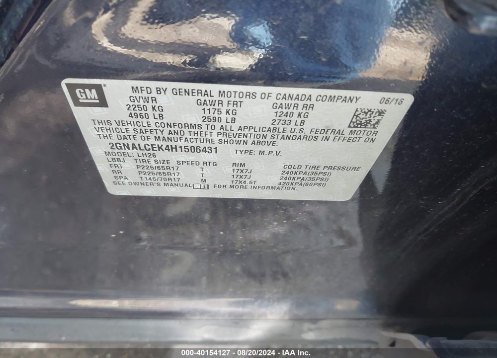 2017 CHEVROLET EQUINOX LT VIN: 2GNALCEK4H1506431
