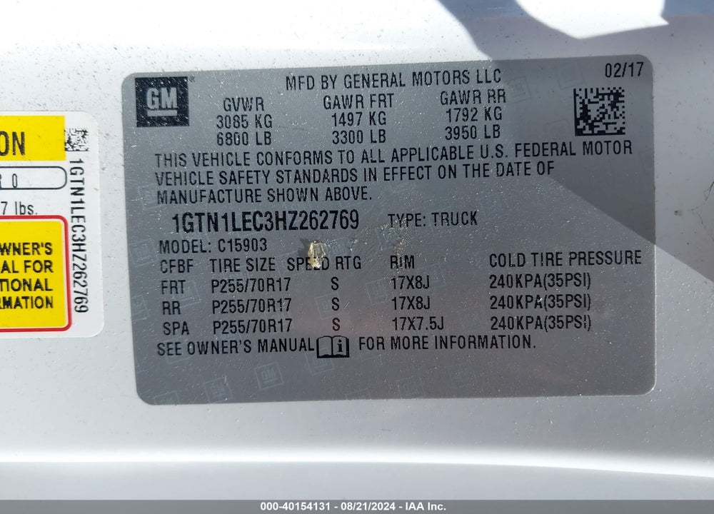 2017 GMC SIERRA 1500 VIN: 1GTN1LEC3HZ262769