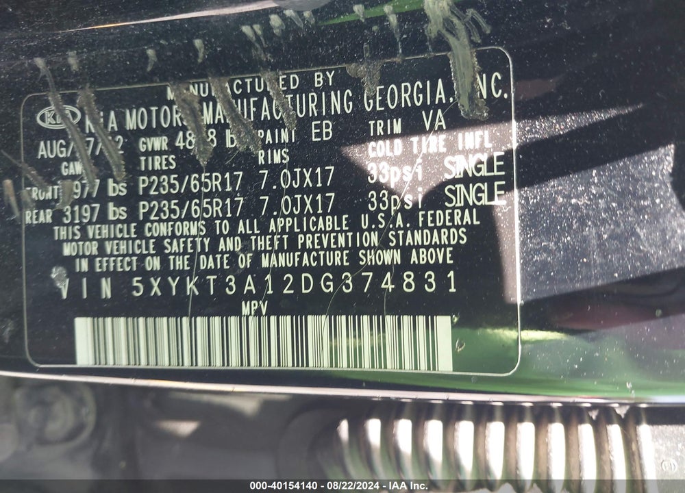 2013 KIA SORENTO LX VIN: 5XYKT3A12DG374831
