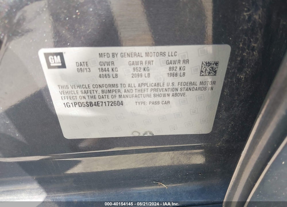 2014 CHEVROLET CRUZE 1LT MANUAL VIN: 1G1PD5SB4E7172604