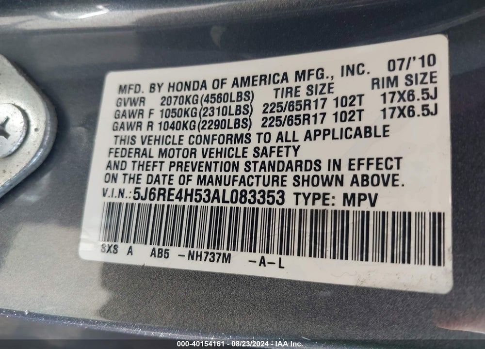 2010 HONDA CR-V EX VIN: 5J6RE4H53AL083353