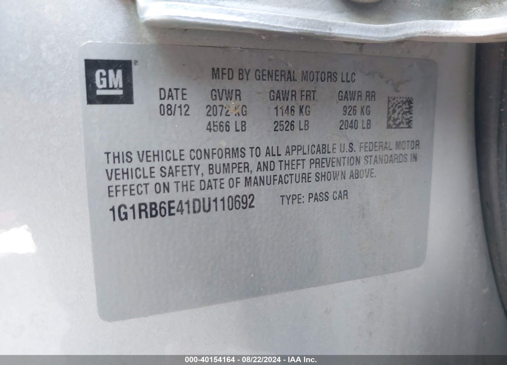 2013 CHEVROLET VOLT VIN: 1G1RB6E41DU110692