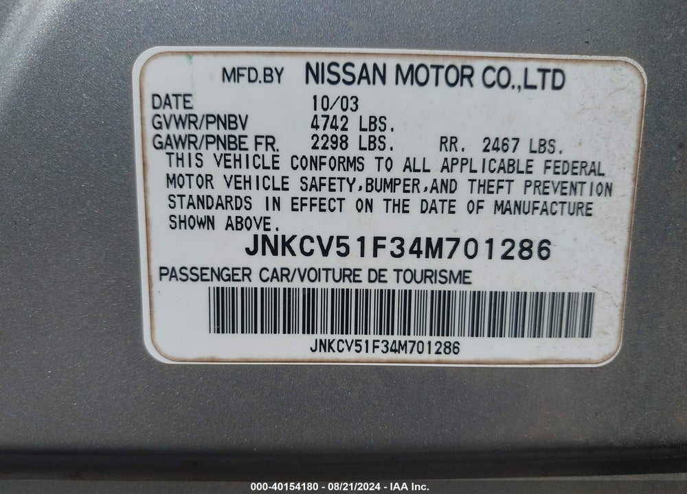 2004 INFINITI G35X VIN: JNKCV51F34M701286