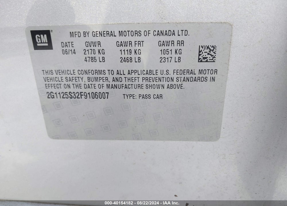 2015 CHEVROLET IMPALA 2LT VIN: 2G1125S32F9106007