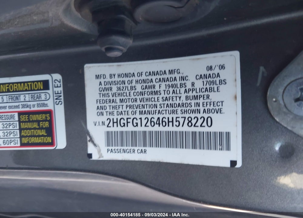2006 HONDA CIVIC LX VIN: 2HGFG12646H578220