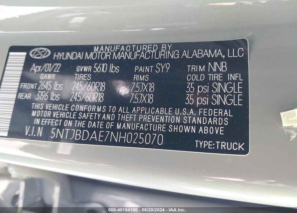 2022 HYUNDAI SANTA CRUZ SEL VIN: 5NTJBDAE7NH025070