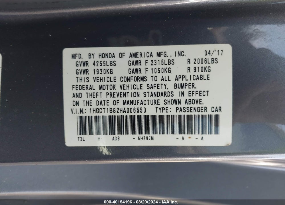 2017 HONDA ACCORD VIN: 1HGCT1B82HA006550