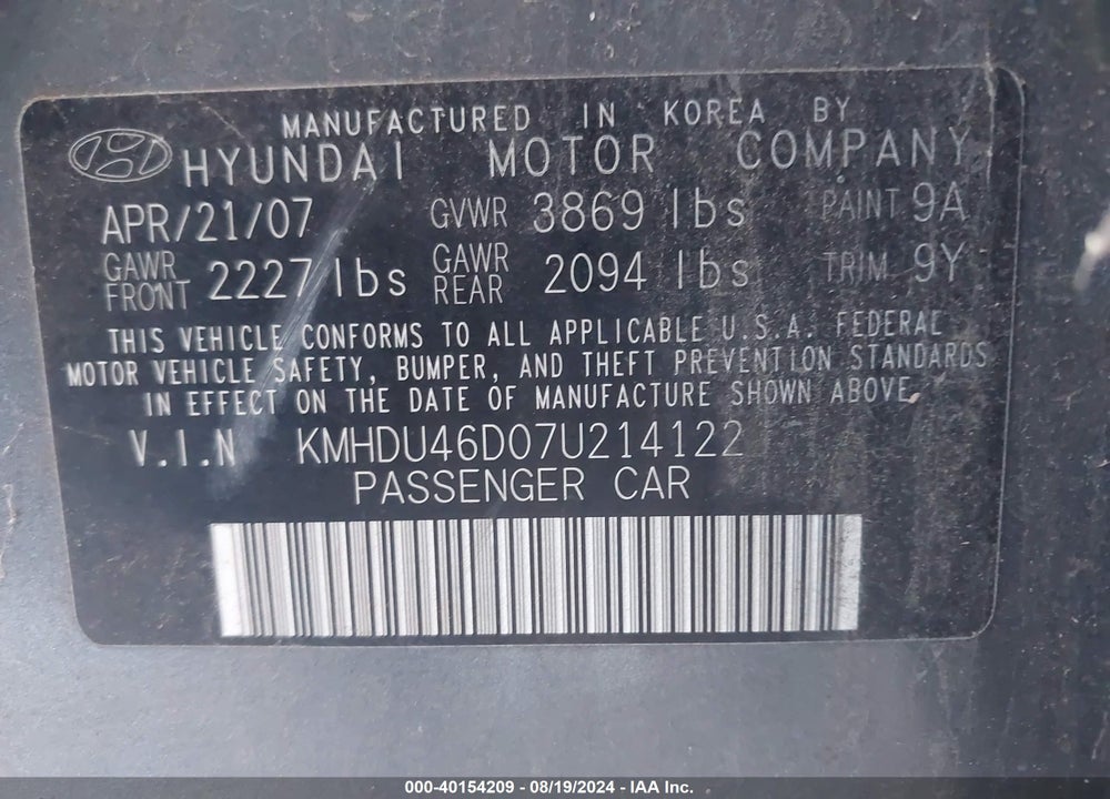 2007 HYUNDAI ELANTRA GLS/LIMITED/SE VIN: KMHDU46D07U214122