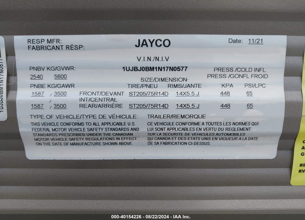 2022 OTHER JAYCO VIN: 1UJBJ0BM1N17N0577